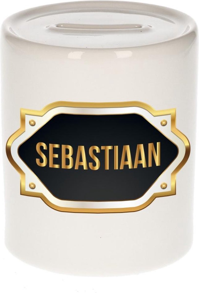 Sebastiaan naam cadeau spaarpot met gouden embleem - kado verjaardag/ vaderdag/ pensioen/ geslaagd/ bedankt