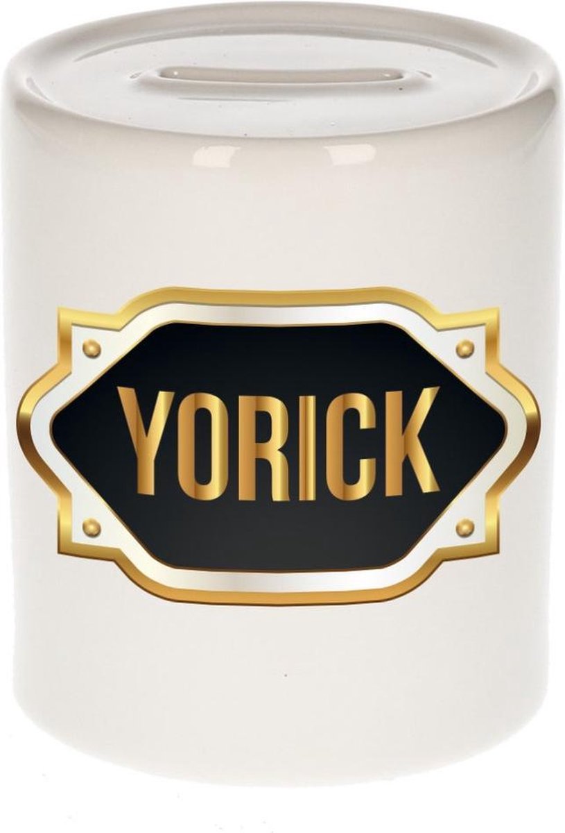 Yorick naam cadeau spaarpot met gouden embleem - kado verjaardag/ vaderdag/ pensioen/ geslaagd/ bedankt