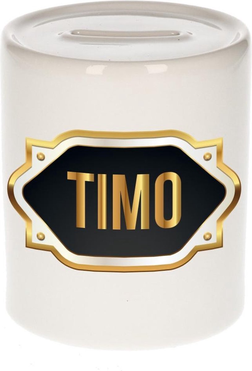 Timo naam cadeau spaarpot met gouden embleem - kado verjaardag/ vaderdag/ pensioen/ geslaagd/ bedankt