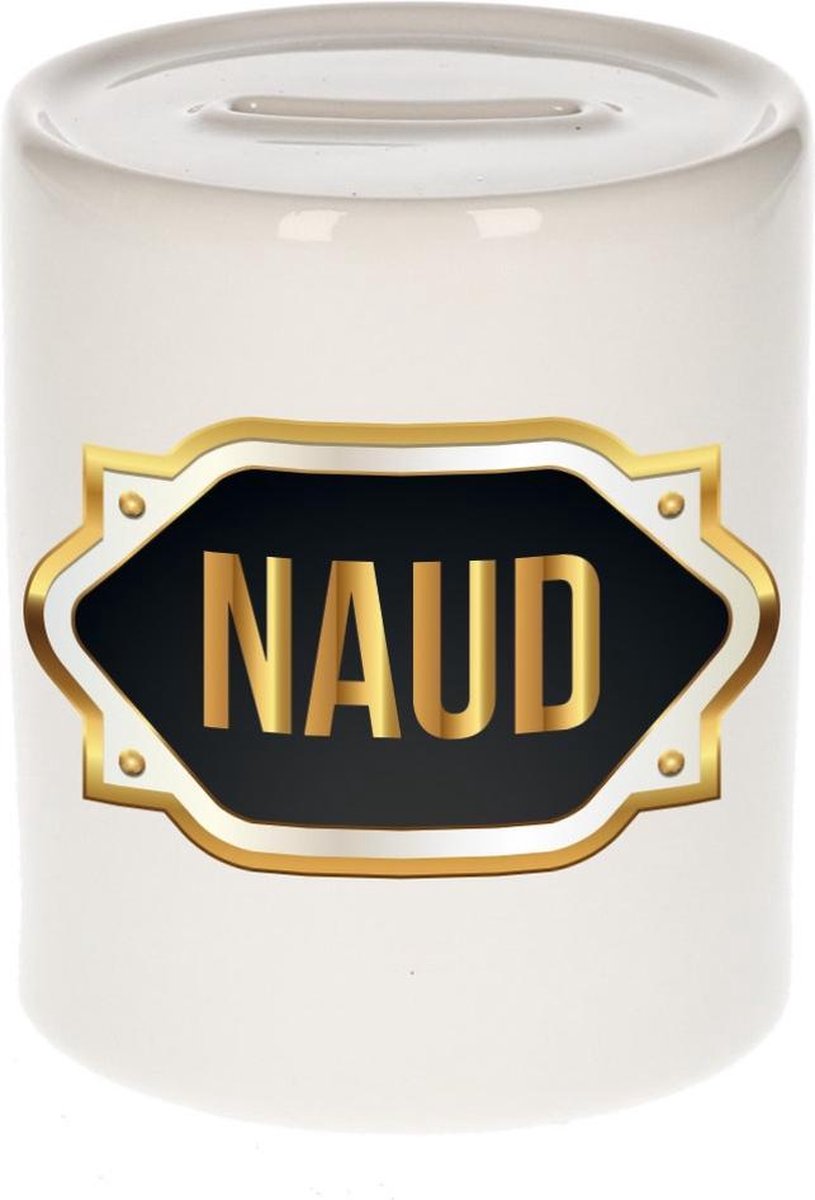 Naud naam cadeau spaarpot met gouden embleem - kado verjaardag/ vaderdag/ pensioen/ geslaagd/ bedankt