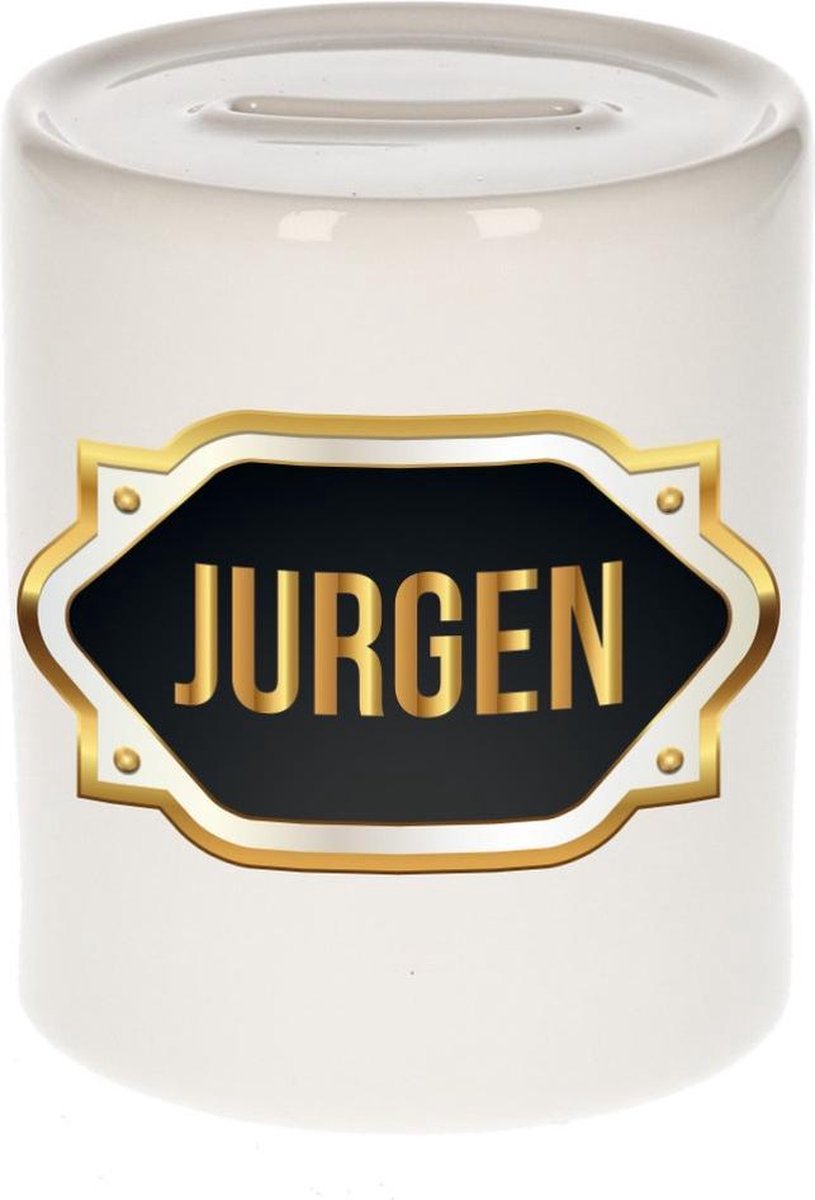 Jurgen naam cadeau spaarpot met gouden embleem - kado verjaardag/ vaderdag/ pensioen/ geslaagd/ bedankt