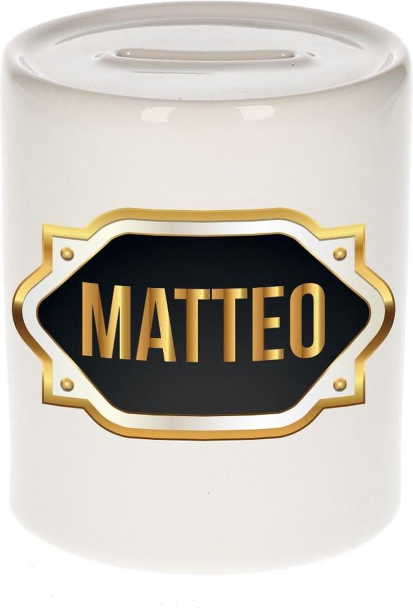Matteo naam cadeau spaarpot met gouden embleem - kado verjaardag/ vaderdag/ pensioen/ geslaagd/ bedankt