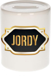 Jordy naam cadeau spaarpot met gouden embleem - kado verjaardag/ vaderdag/ pensioen/ geslaagd/ bedankt