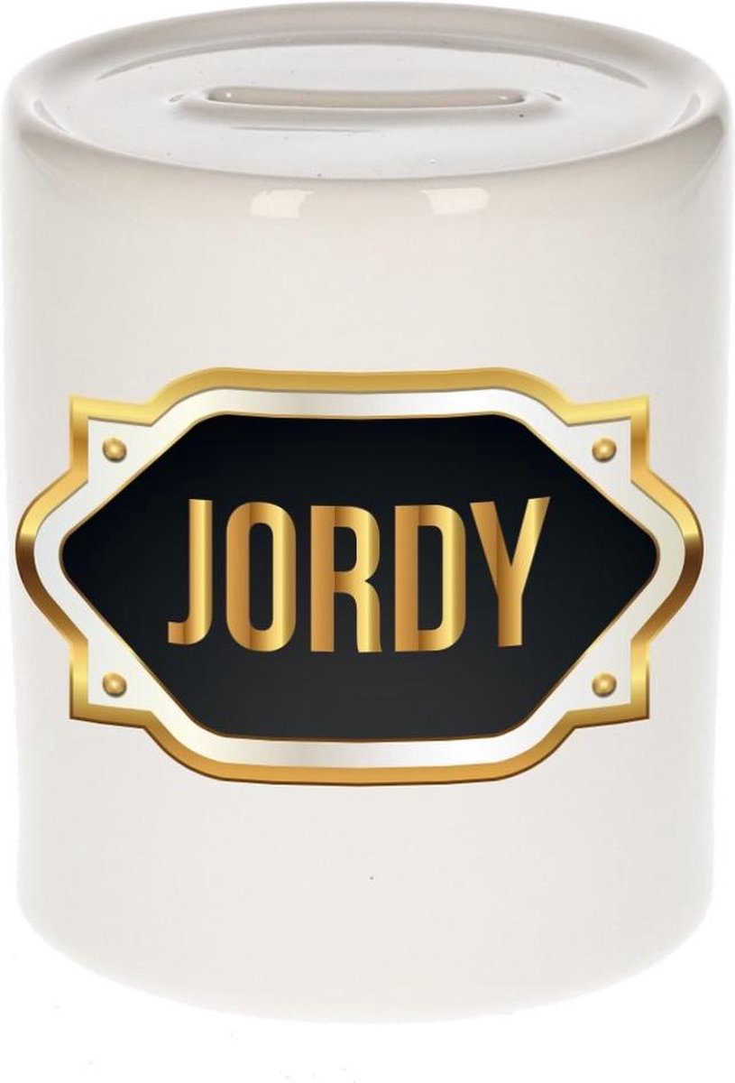 Jordy naam cadeau spaarpot met gouden embleem - kado verjaardag/ vaderdag/ pensioen/ geslaagd/ bedankt