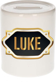 Luke naam cadeau spaarpot met gouden embleem - kado verjaardag/ vaderdag/ pensioen/ geslaagd/ bedankt