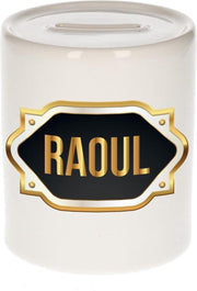 Raoul naam cadeau spaarpot met gouden embleem - kado verjaardag/ vaderdag/ pensioen/ geslaagd/ bedankt