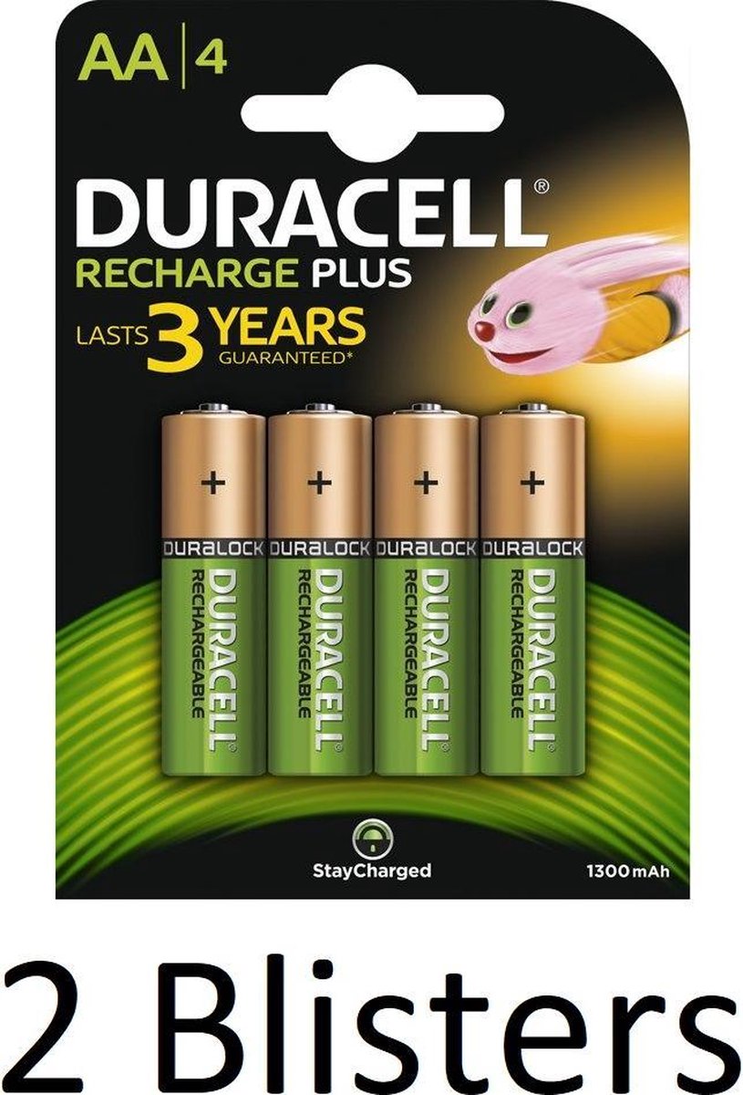 8 Stuks (2 Blisters a 4 st) Duracell AA Oplaadbare Batterijen - 1.300 mAh
