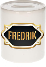 Frederik naam cadeau spaarpot met gouden embleem - kado verjaardag/ vaderdag/ pensioen/ geslaagd/ bedankt
