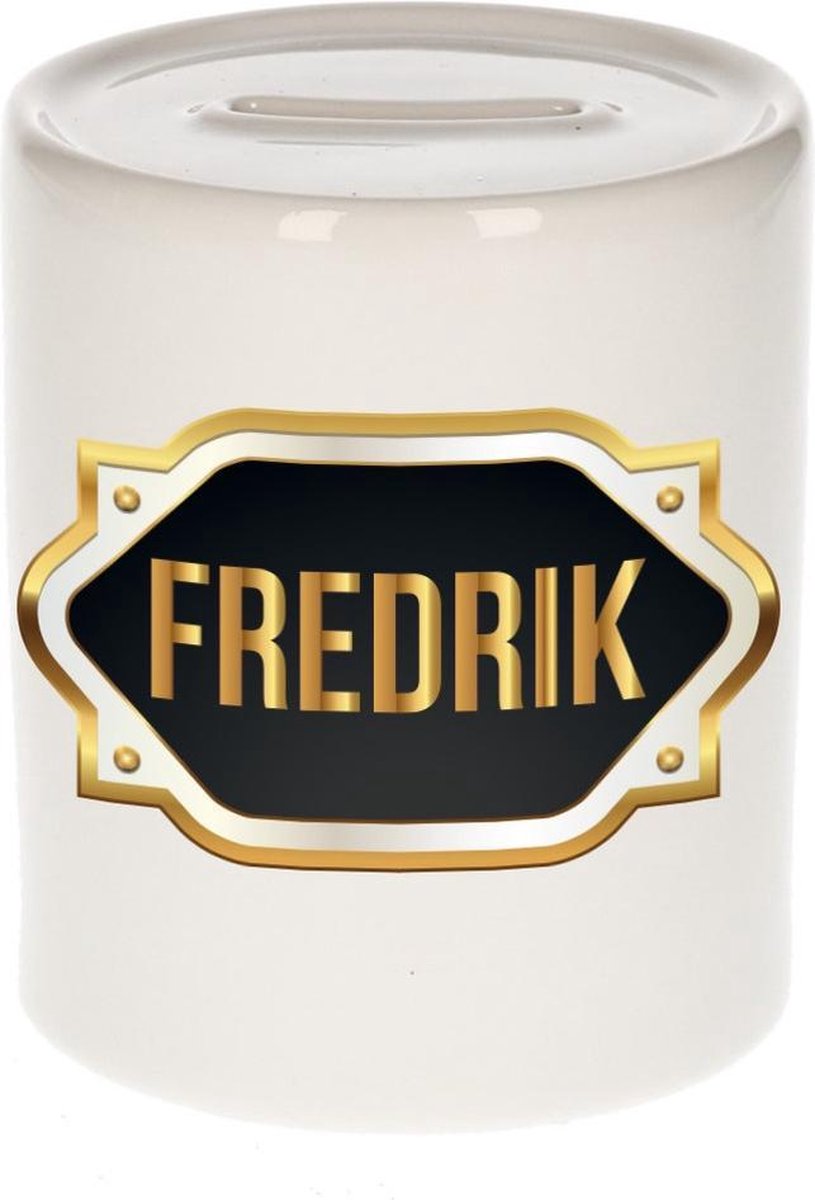 Frederik naam cadeau spaarpot met gouden embleem - kado verjaardag/ vaderdag/ pensioen/ geslaagd/ bedankt