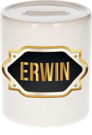 Erwin naam cadeau spaarpot met gouden embleem - kado verjaardag/ vaderdag/ pensioen/ geslaagd/ bedankt