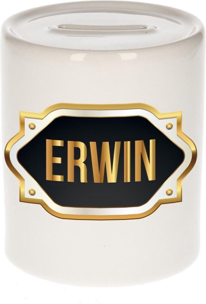Erwin naam cadeau spaarpot met gouden embleem - kado verjaardag/ vaderdag/ pensioen/ geslaagd/ bedankt