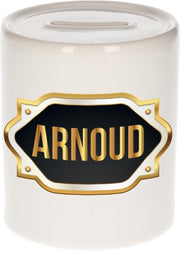 Arnoud naam cadeau spaarpot met gouden embleem - kado verjaardag/ vaderdag/ pensioen/ geslaagd/ bedankt