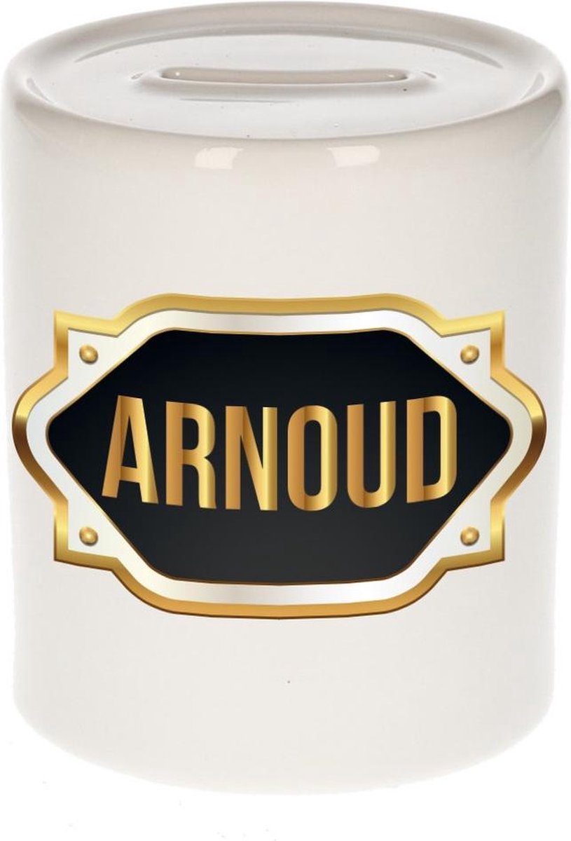 Arnoud naam cadeau spaarpot met gouden embleem - kado verjaardag/ vaderdag/ pensioen/ geslaagd/ bedankt