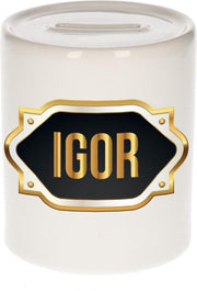 Igor naam cadeau spaarpot met gouden embleem - kado verjaardag/ vaderdag/ pensioen/ geslaagd/ bedankt