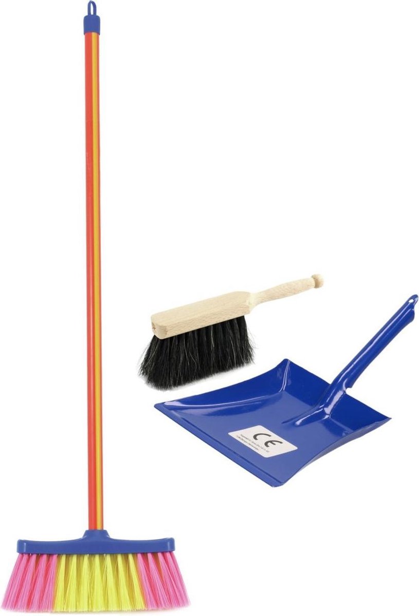 Kinder schoonmaak set bestaande uit stoffer en blik blauw met gekleurde bezem - 3-delige speelgoed set