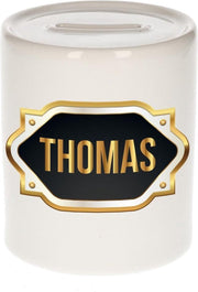 Thomas naam cadeau spaarpot met gouden embleem - kado verjaardag/ vaderdag/ pensioen/ geslaagd/ bedankt