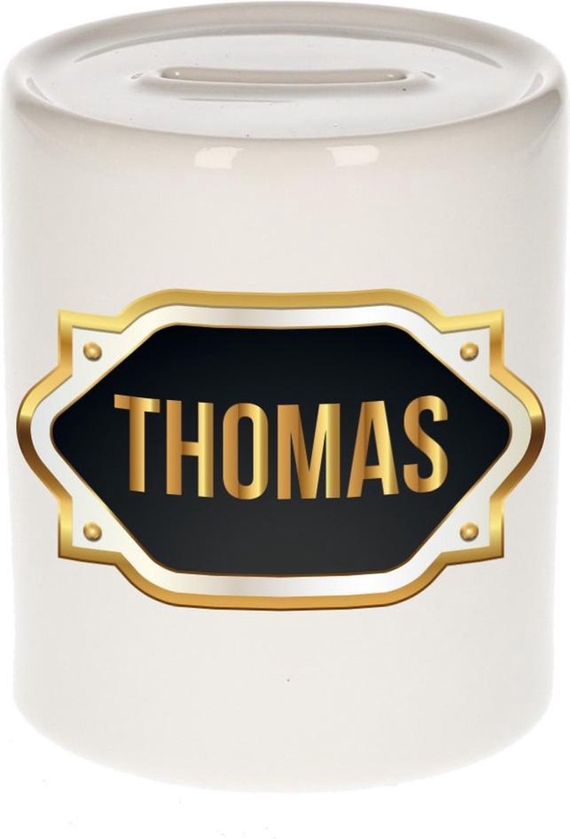 Thomas naam cadeau spaarpot met gouden embleem - kado verjaardag/ vaderdag/ pensioen/ geslaagd/ bedankt