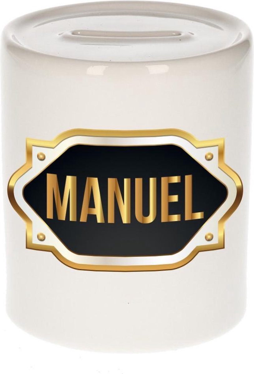 Manuel naam cadeau spaarpot met gouden embleem - kado verjaardag/ vaderdag/ pensioen/ geslaagd/ bedankt