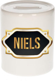 Niels naam cadeau spaarpot met gouden embleem - kado verjaardag/ vaderdag/ pensioen/ geslaagd/ bedankt