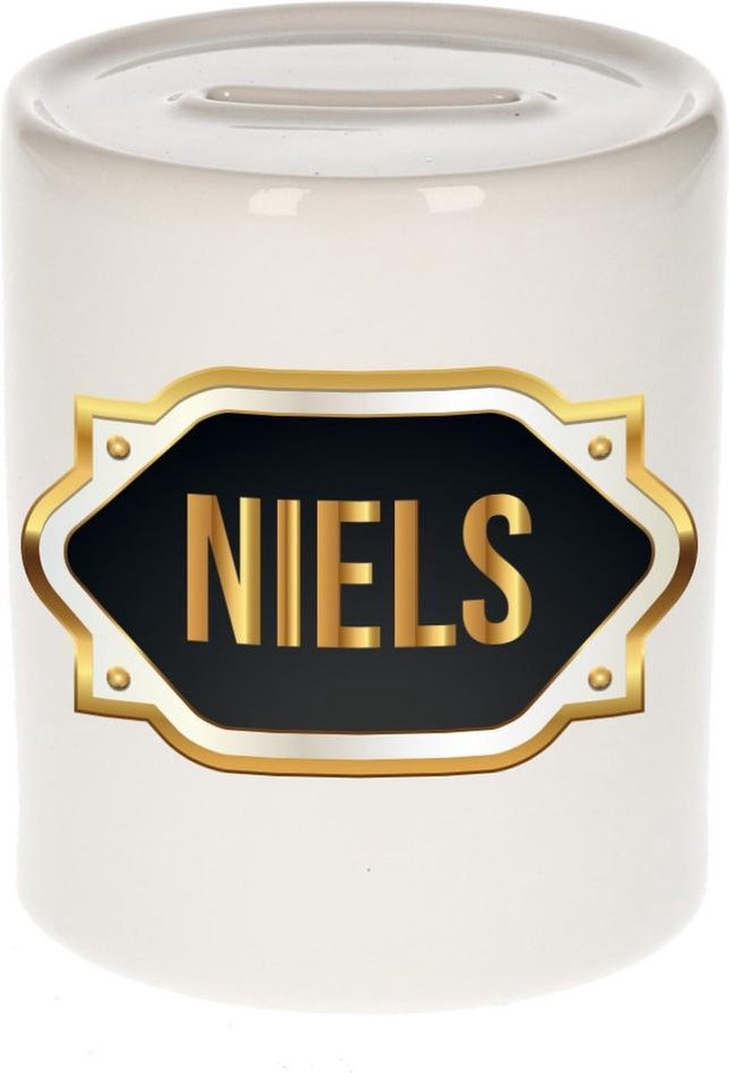 Niels naam cadeau spaarpot met gouden embleem - kado verjaardag/ vaderdag/ pensioen/ geslaagd/ bedankt