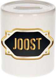 Joost naam cadeau spaarpot met gouden embleem - kado verjaardag/ vaderdag/ pensioen/ geslaagd/ bedankt