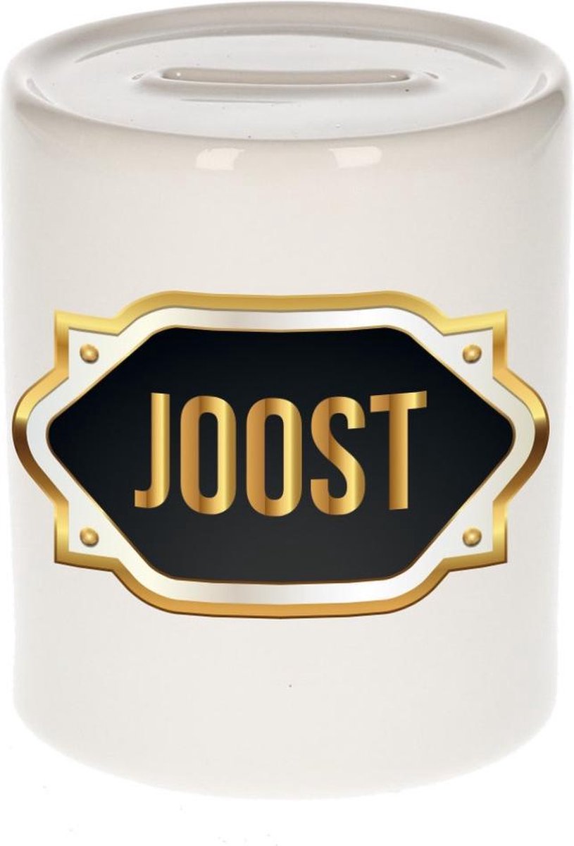 Joost naam cadeau spaarpot met gouden embleem - kado verjaardag/ vaderdag/ pensioen/ geslaagd/ bedankt