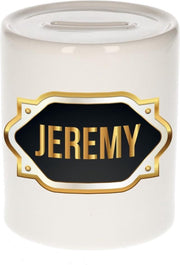 Jeremy naam cadeau spaarpot met gouden embleem - kado verjaardag/ vaderdag/ pensioen/ geslaagd/ bedankt