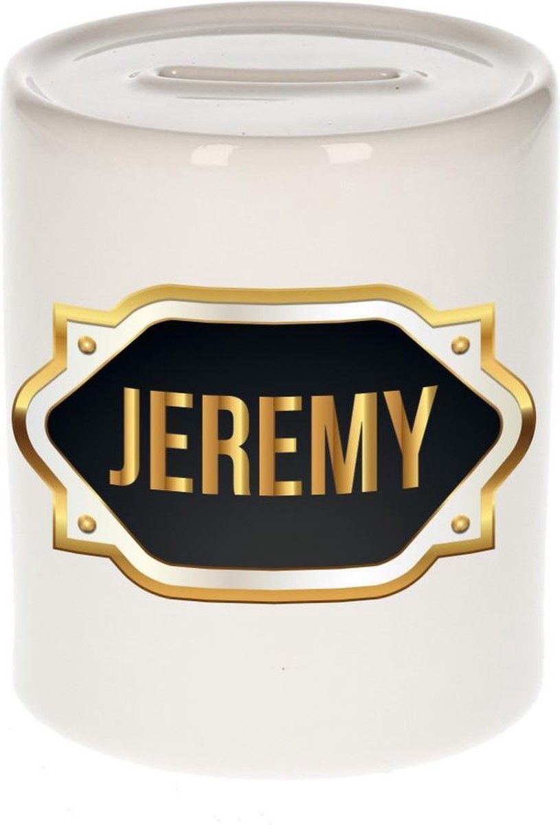 Jeremy naam cadeau spaarpot met gouden embleem - kado verjaardag/ vaderdag/ pensioen/ geslaagd/ bedankt
