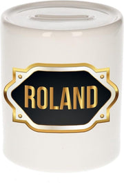 Roland naam cadeau spaarpot met gouden embleem - kado verjaardag/ vaderdag/ pensioen/ geslaagd/ bedankt