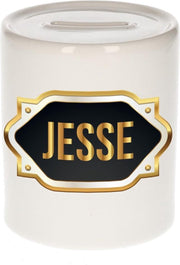 Jesse naam cadeau spaarpot met gouden embleem - kado verjaardag/ vaderdag/ pensioen/ geslaagd/ bedankt