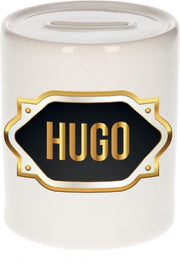 Hugo naam cadeau spaarpot met gouden embleem - kado verjaardag/ vaderdag/ pensioen/ geslaagd/ bedankt