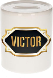 Victor naam cadeau spaarpot met gouden embleem - kado verjaardag/ vaderdag/ pensioen/ geslaagd/ bedankt