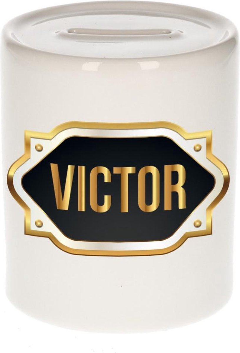 Victor naam cadeau spaarpot met gouden embleem - kado verjaardag/ vaderdag/ pensioen/ geslaagd/ bedankt