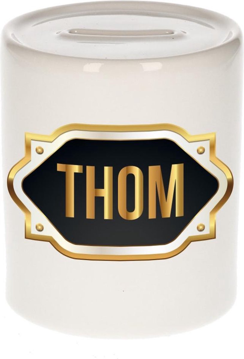 Thom naam cadeau spaarpot met gouden embleem - kado verjaardag/ vaderdag/ pensioen/ geslaagd/ bedankt