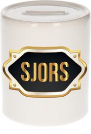 Sjors naam cadeau spaarpot met gouden embleem - kado verjaardag/ vaderdag/ pensioen/ geslaagd/ bedankt