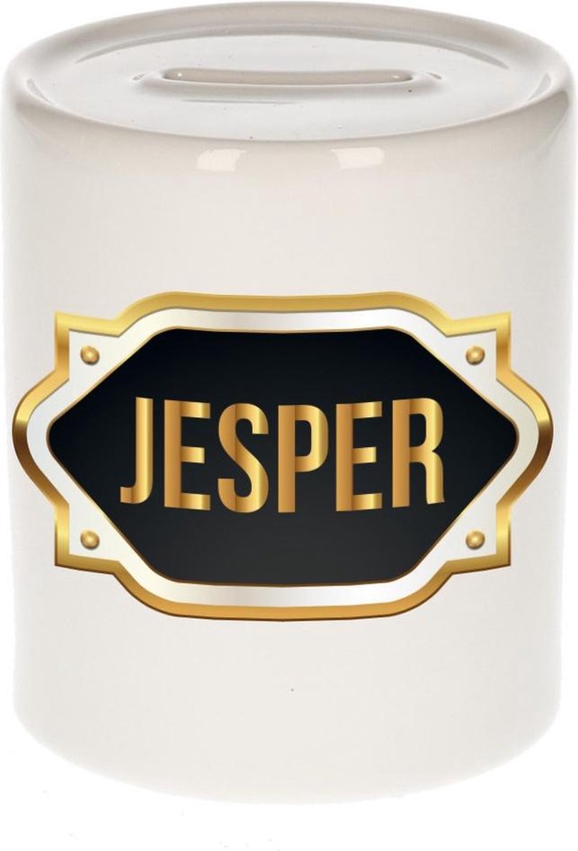 Jesper naam cadeau spaarpot met gouden embleem - kado verjaardag/ vaderdag/ pensioen/ geslaagd/ bedankt