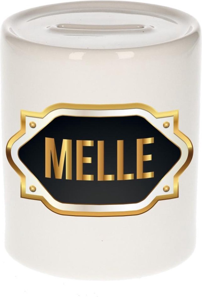 Melle naam cadeau spaarpot met gouden embleem - kado verjaardag/ vaderdag/ pensioen/ geslaagd/ bedankt