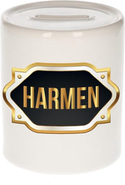 Harmen naam cadeau spaarpot met gouden embleem - kado verjaardag/ vaderdag/ pensioen/ geslaagd/ bedankt