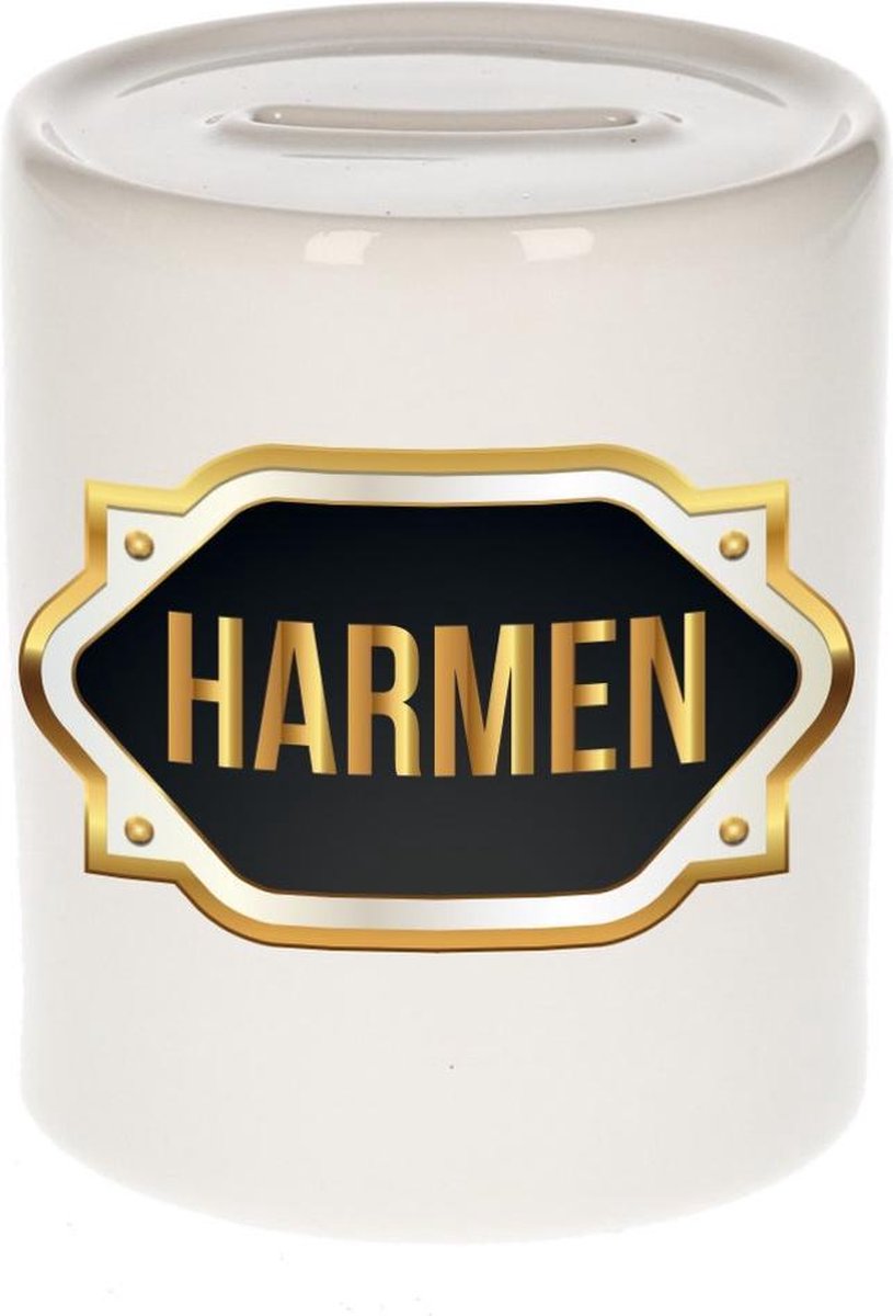 Harmen naam cadeau spaarpot met gouden embleem - kado verjaardag/ vaderdag/ pensioen/ geslaagd/ bedankt