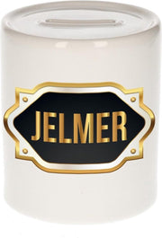 Jelmer naam cadeau spaarpot met gouden embleem - kado verjaardag/ vaderdag/ pensioen/ geslaagd/ bedankt