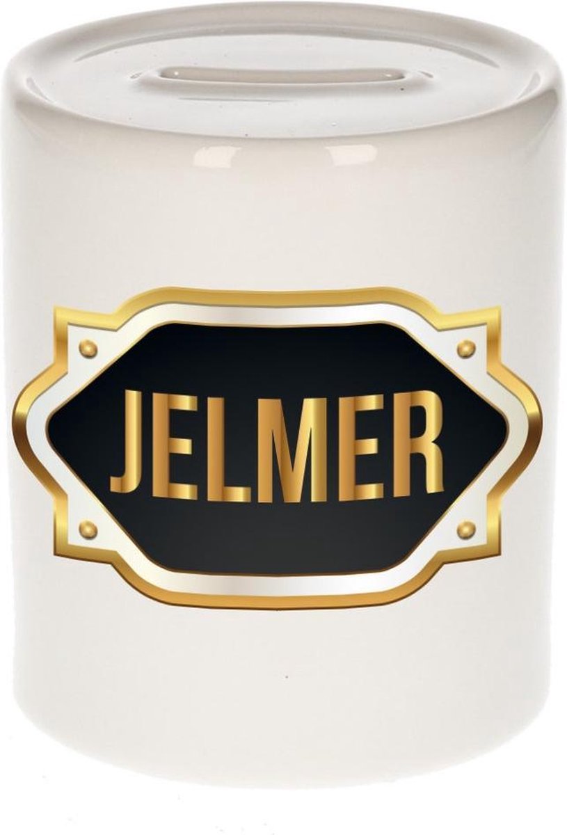 Jelmer naam cadeau spaarpot met gouden embleem - kado verjaardag/ vaderdag/ pensioen/ geslaagd/ bedankt