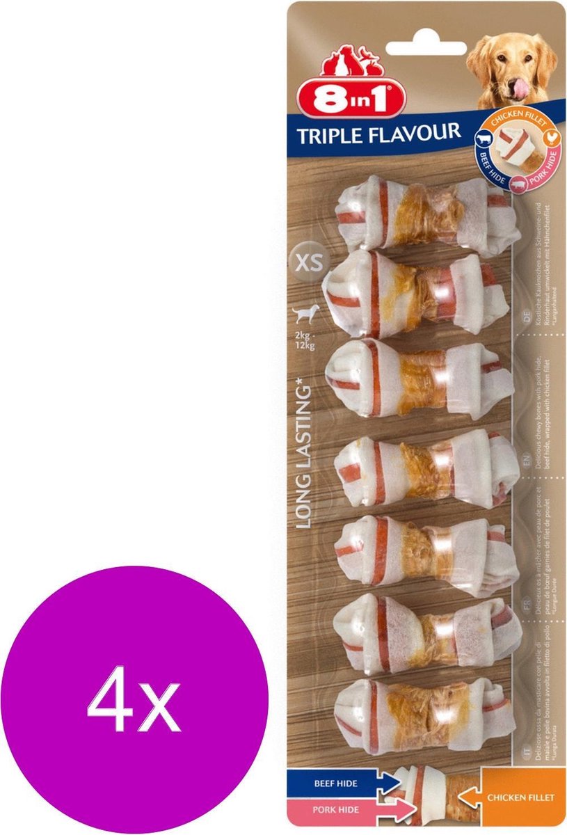 8in1 Delights Kauwknook Triple Flavour Kip&Varken&Rund - Hondensnacks - 4 x Xs