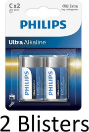 4 Stuks (2 Blisters a 2 st) Philips Ultra Alkalline C Batterijen