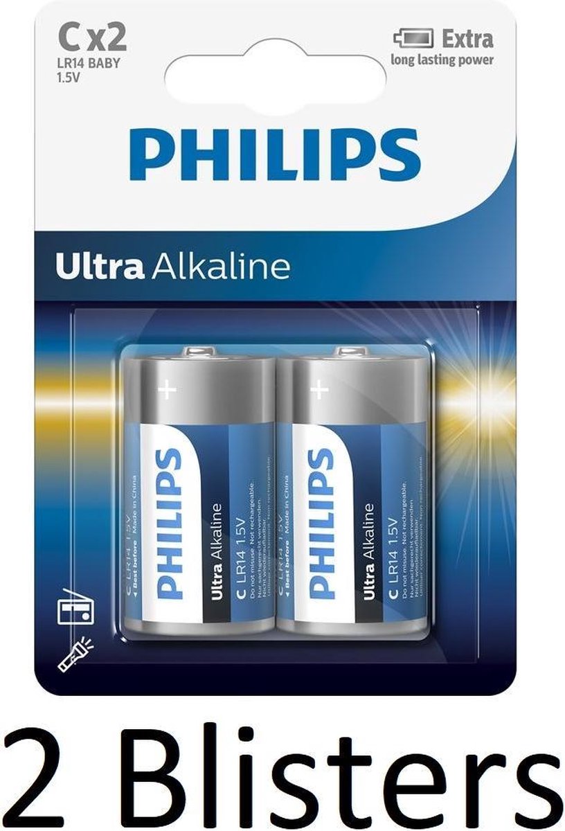 4 Stuks (2 Blisters a 2 st) Philips Ultra Alkalline C Batterijen
