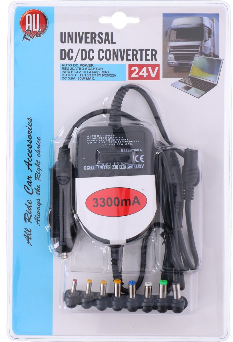 All Ride Universele DC/DC omvormer 24 volt naar 12/15/16/18/19/20/22 volt - 3300 mA - 80 watt max - 8 verschillende stekkers