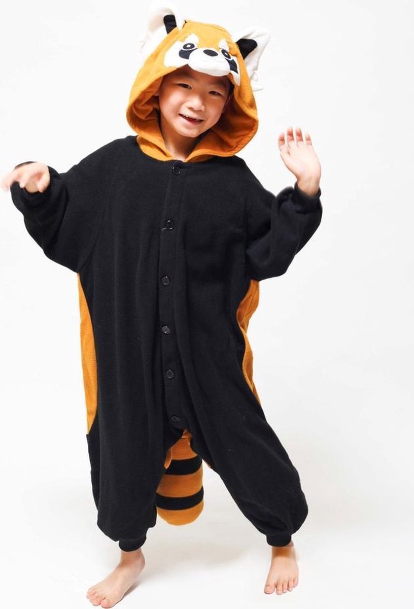 KIMU Onesie wasbeer kinder pak rode panda - maat 128-134 - wasbeerpak jumpsuit pyjama
