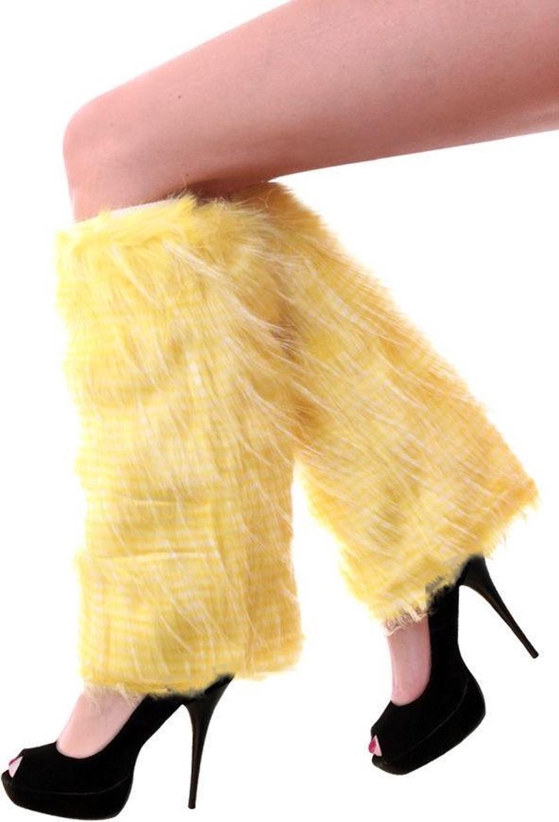 Beenwarmers pluche strepen fluor geel