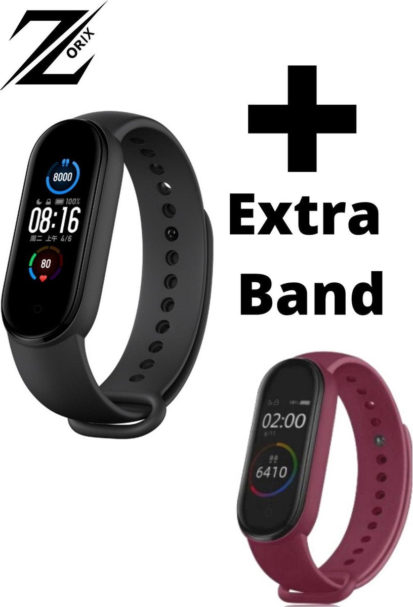 ZORIX® - M5 Stappenteller -Smartwatch- Activity Tracker - Bloeddrukmeter - Hartslagmeter - Horloge - Zwart + Bordeaux Band