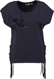 Garcia stevig blauw shirt met kraaltjes en pailletten Maat - S