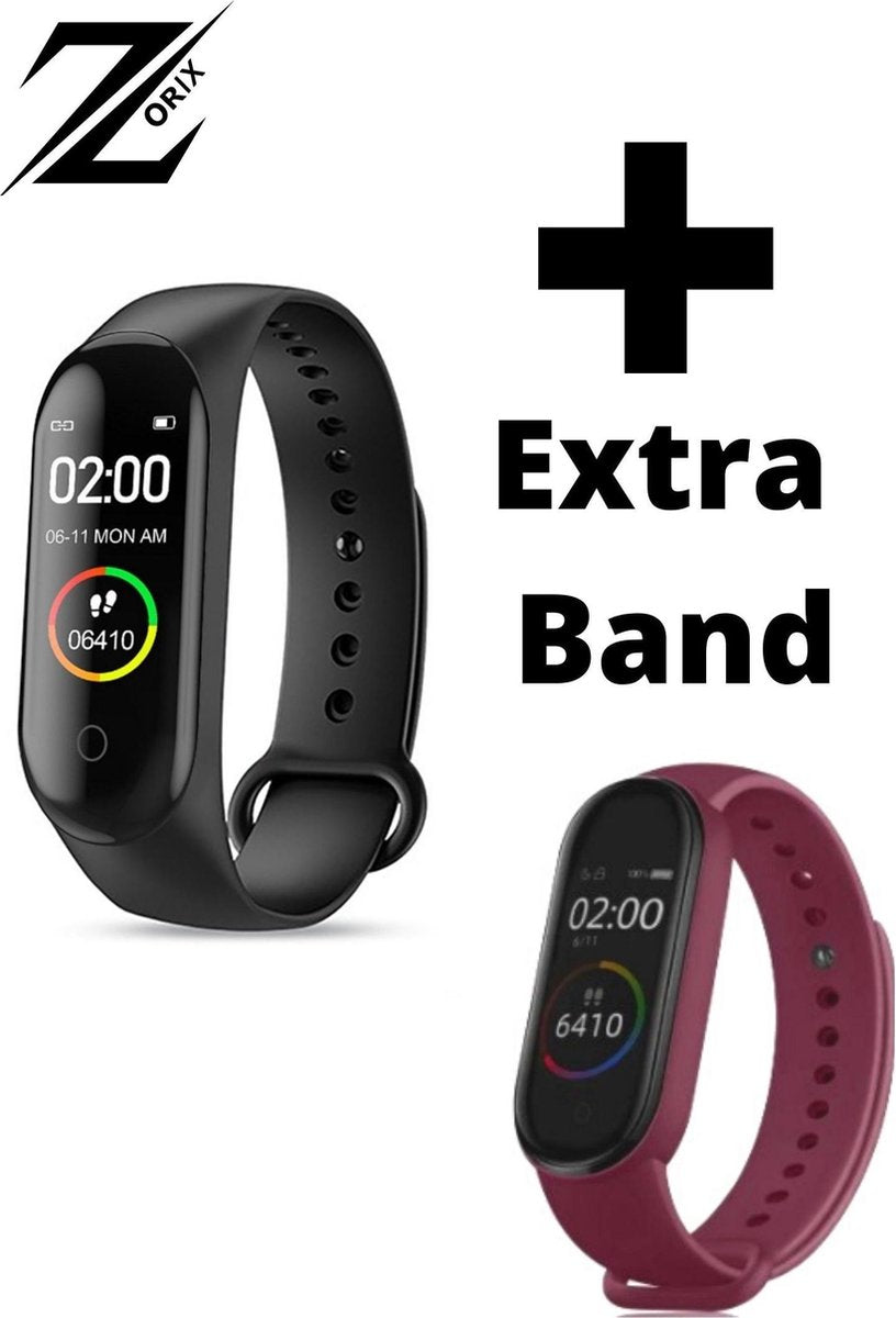 ZORIX®- M4 Stappenteller -Smartwatch- Activity Tracker - Sporthorloge - Heren - Dames - Zwart + Bordeaux Band